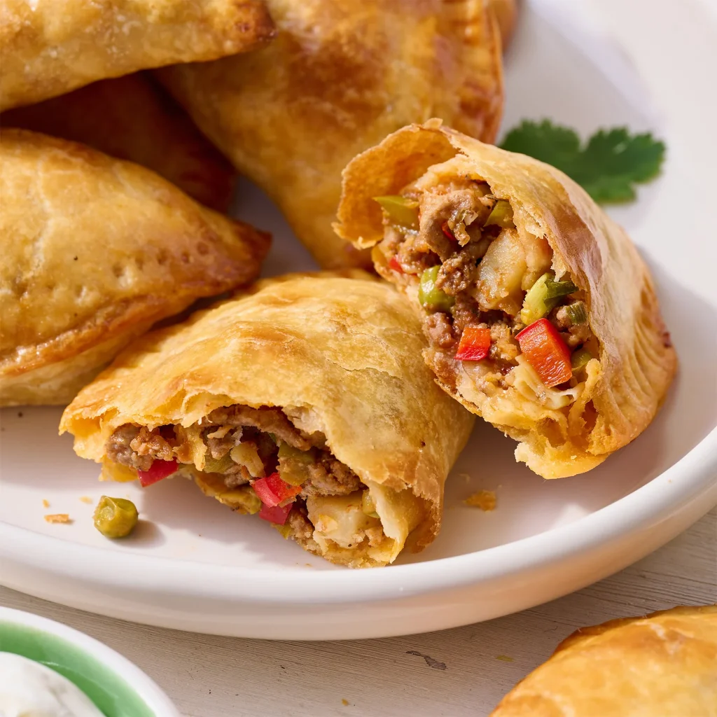 Delicious beef empanadas with a golden, flaky crust, filled with seasoned meat and vegetables, a perfect snack found at a soda restaurant Costa Rica 