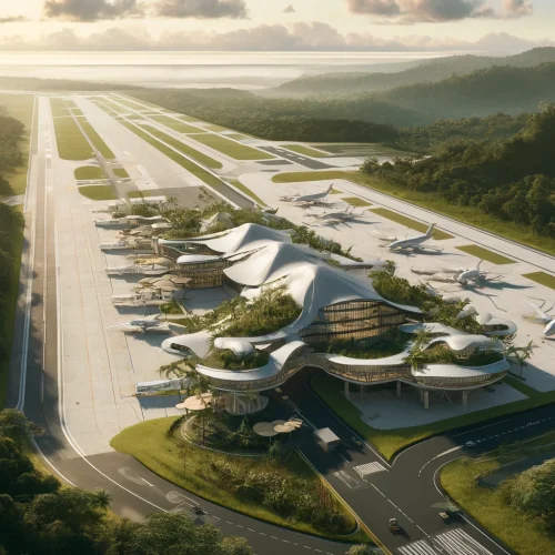 concept art of the proposed Brunca International Airport in Costa Rica's Osa region, featuring modern architecture with eco-friendly elements, surrounded by lush jungle and natural beauty.