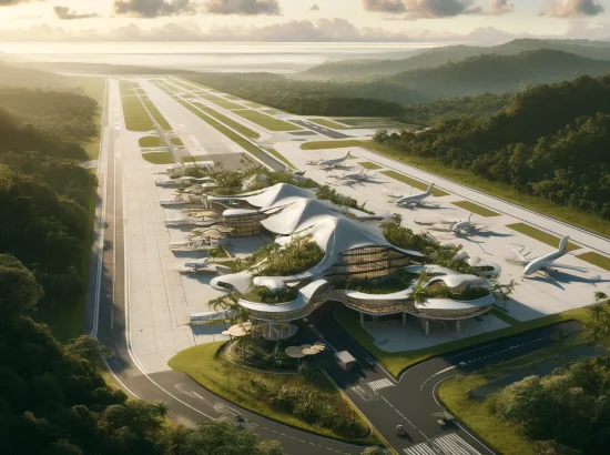 concept art of the proposed Brunca International Airport in Costa Rica's Osa region, featuring modern architecture with eco-friendly elements, surrounded by lush jungle and natural beauty.