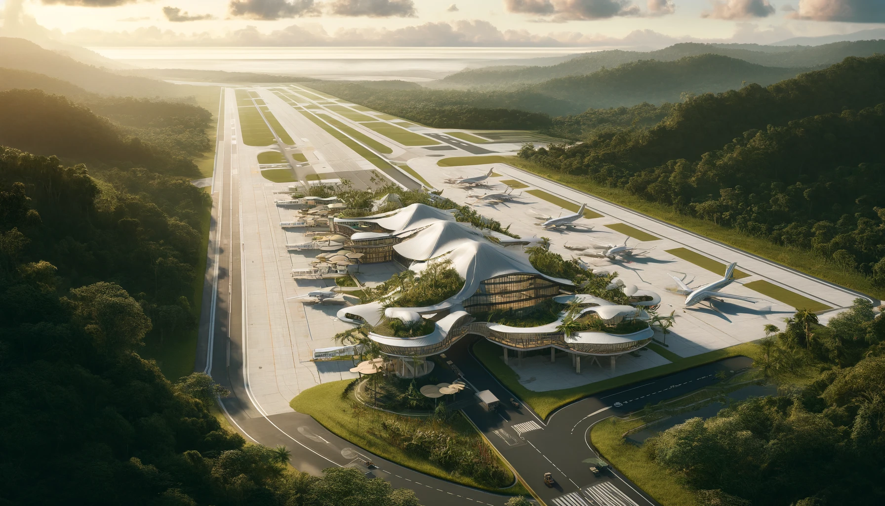 concept art of the proposed Brunca International Airport in Costa Rica's Osa region, featuring modern architecture with eco-friendly elements, surrounded by lush jungle and natural beauty.