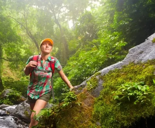 A woman hiking through the lush rainforest of Corcovado National Park, showcasing the pristine wilderness near Vayu Retreat Villas, a premier boutique hotel in Uvita.