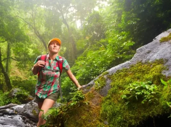 A woman hiking through the lush rainforest of Corcovado National Park, showcasing the pristine wilderness near Vayu Retreat Villas, a premier boutique hotel in Uvita.